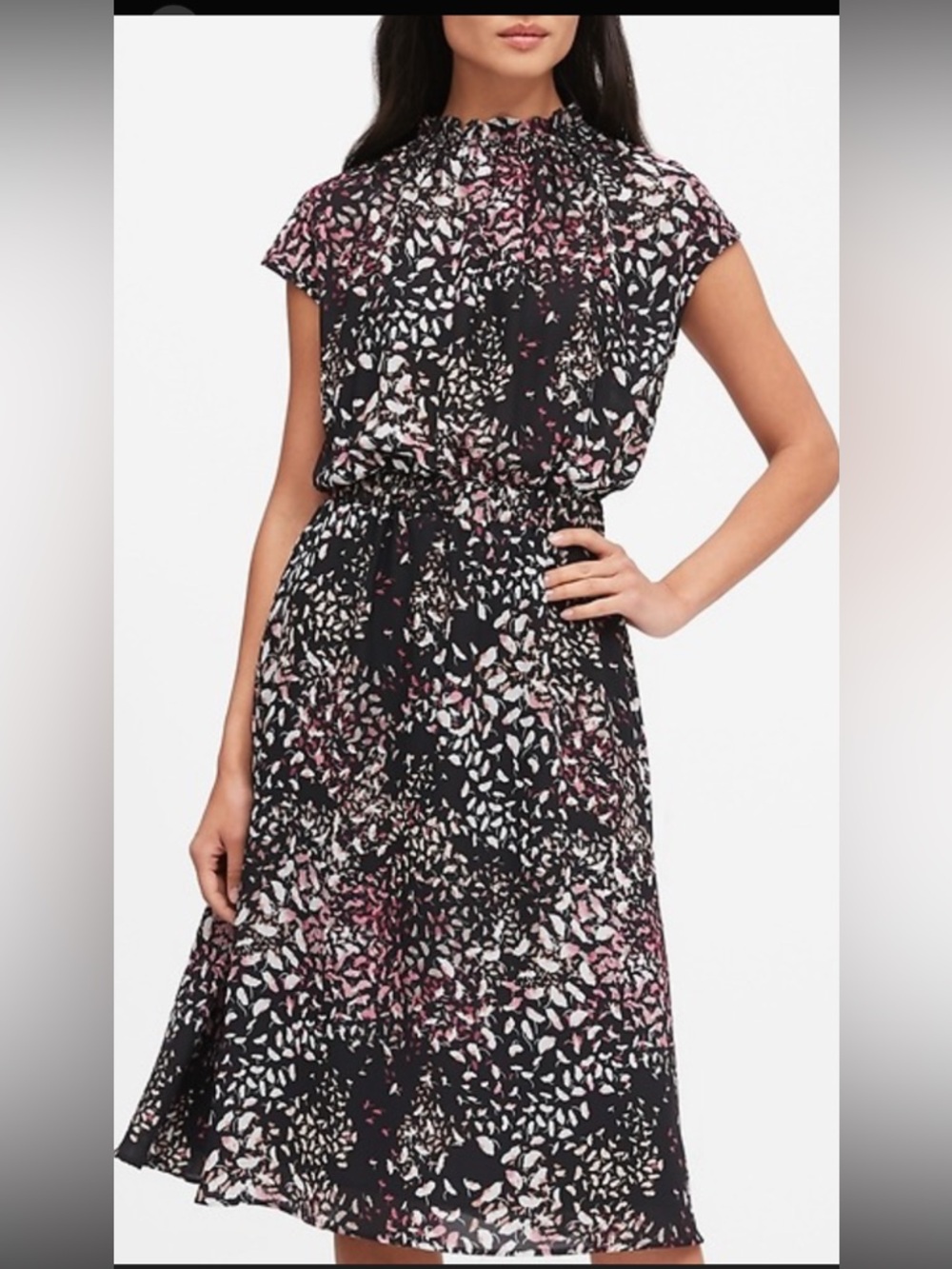 Banana Republic Black Cherry Blossom Flowers Midi Dress  Size 8